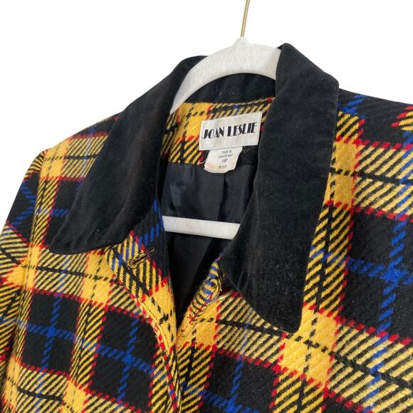 Vintage 90s Joan Leslie Yellow Black Tartan Wool Twill Velvet Blazer Size Medium - Picture 10 of 16